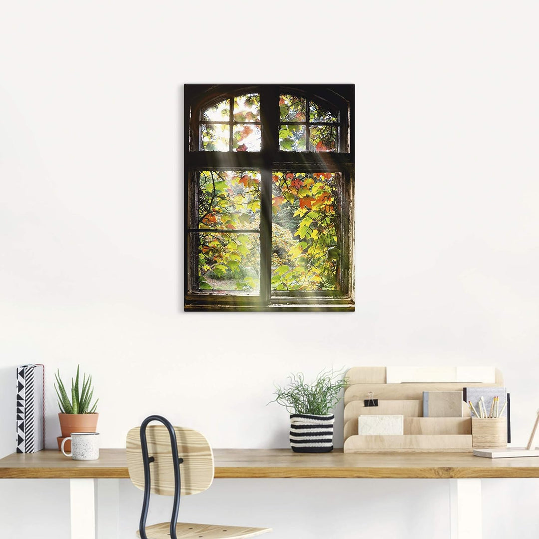Artland Leinwandbild Wandbild Bild auf Leinwand 45x60 cm Wanddeko Fensterblick Fenster Herbst Natur
