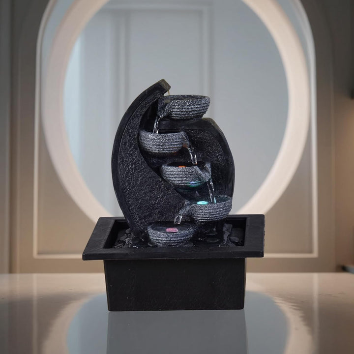 Zen'Light - Zimmerbrunnen Wasserfall V2 4 Ebenen in Natursteinoptik mit farbigem LED-Licht - Moderne