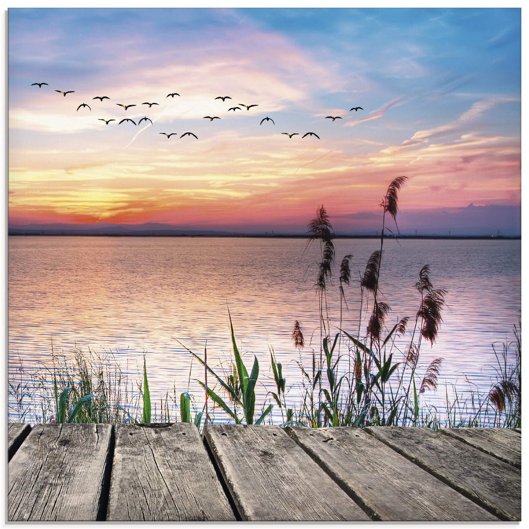 Glasbilder Wandbild Glas Bild einteilig 50x50 cm Quadratisch Natur Steg Landschaft See Himmel Sonnen