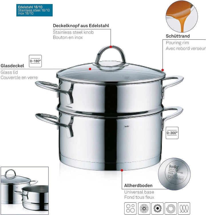 Kela 10955 Bratentopf, 1,5 l Fassungsvermögen, 16 cm Durchmesser, 18/10 Edelstahl mit Glanzoptik, In