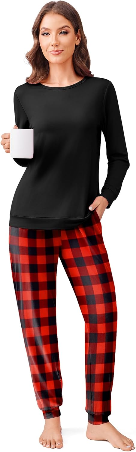 Ekouaer Schlafanzug Damen Lang Zweiteiler Pyjama Langarm Warm Pyjama Set Weich Nachtwäsche Kariert,