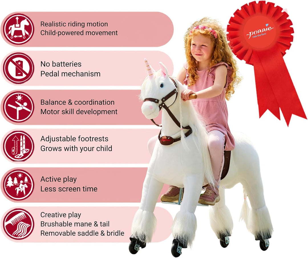 PONNIE Einhorn mit Rollen M (5-12 Jahre), Unicorn zum Reiten mit Abnehmbarer Braun Sattel und Halfte