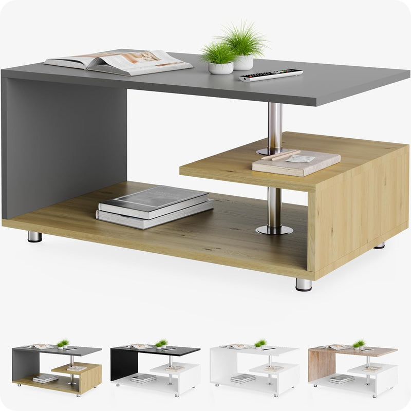 Casaria® Couchtisch Grau Holz Modern mit Stauraum 95x55cm Edelstahl Füsse Rund Höhenverstellbar Abla