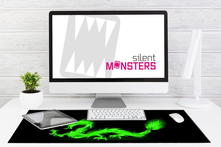 Silent Monsters Mauspad XXL 900 x 400 mm grosses Mousepad Feuer Drache - Vernähter Rand, rutschfest
