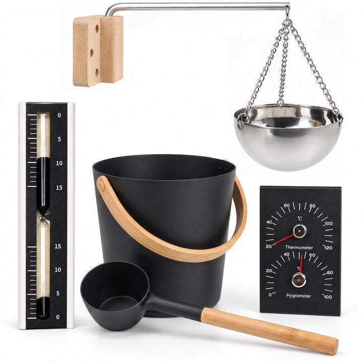 5-Teilig 7L Sauna Eimer mit Kelle, Alu Saunazubehör mit Sanduhr/Aromaschale