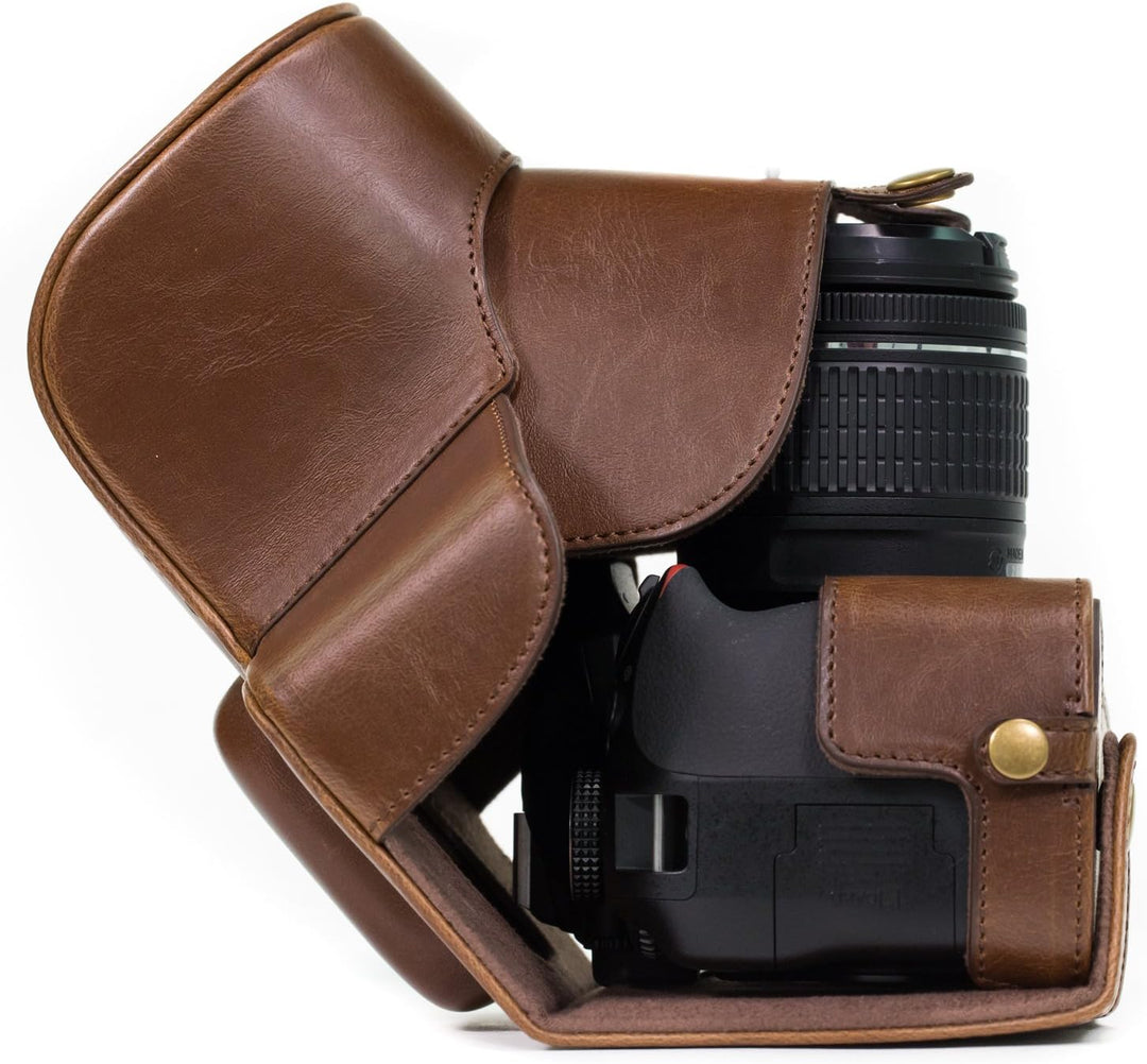 MegaGear Nikon D3400 Ever Ready Leder Kamera-Case mit Trageriemen und Batteriezugang Dunkelbraun MG8