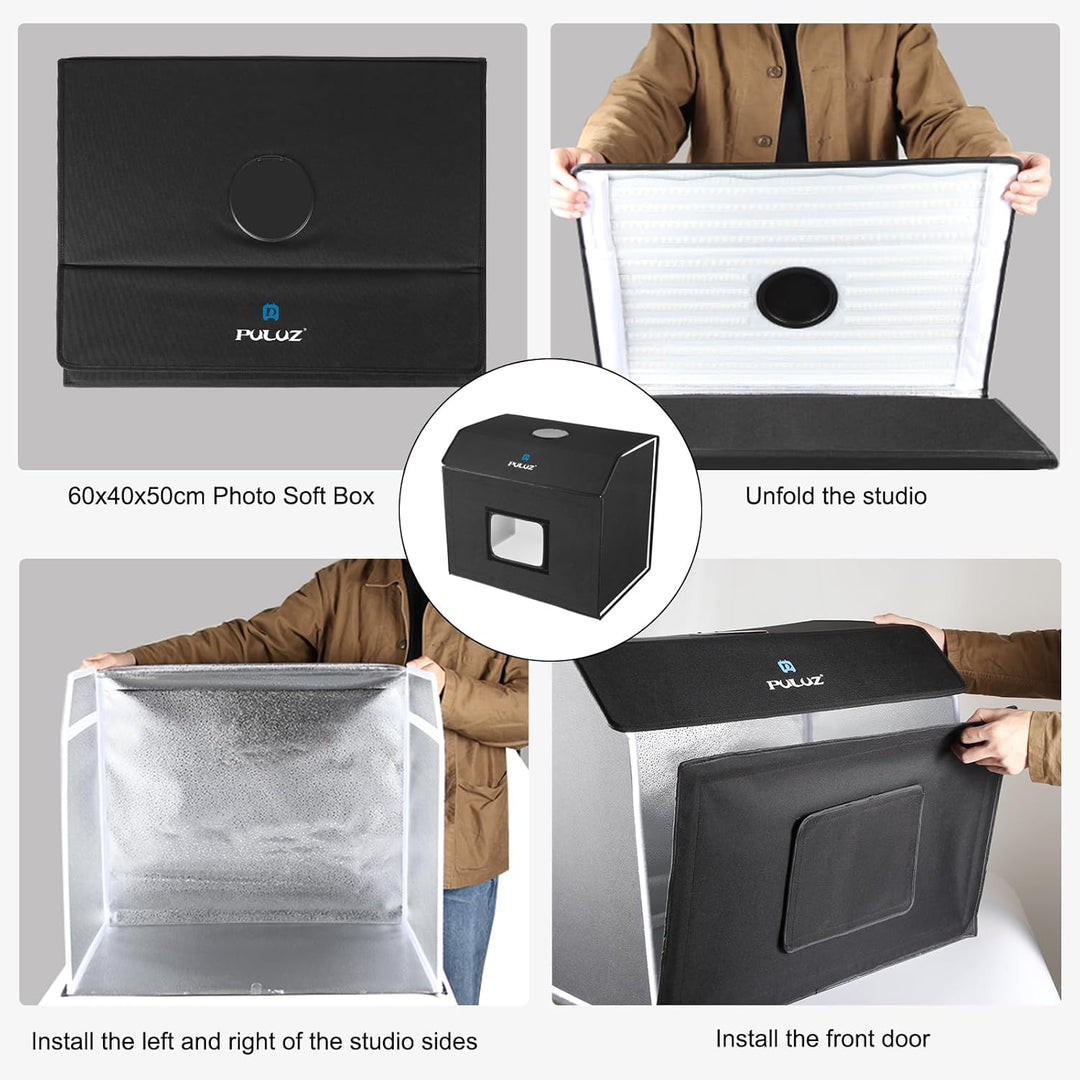 PULUZ Upgrade Fotobox 60x40cm, Fotostudio-Zelt-Set mit dimmbaren 3 Farbtemperaturen 762 LEDs &amp; 4 PVC