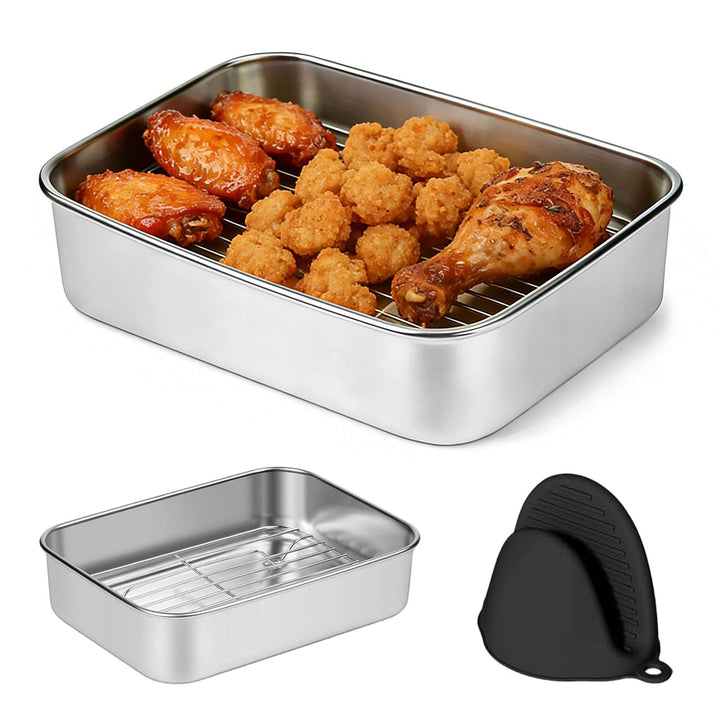 Edelstahl Auflaufform für Airfryer 20x15.3x5cm, Antihaft Backform mit Abtropfgitter & Hitzeschutzgri