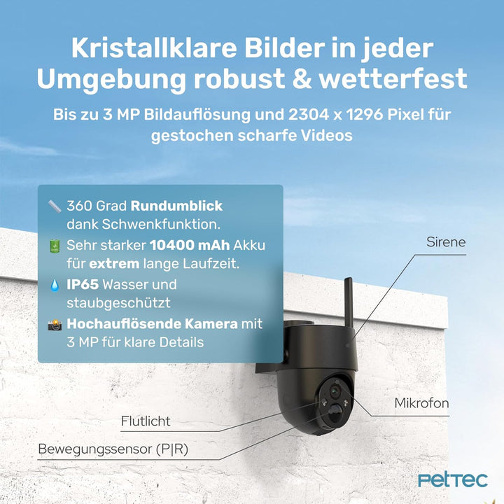PetTec Pet Cam Free'n 360 4G LTE Überwachungskamera schwarz [OHNE ABO-Falle] mit Akku & Pan&Tilt Fun