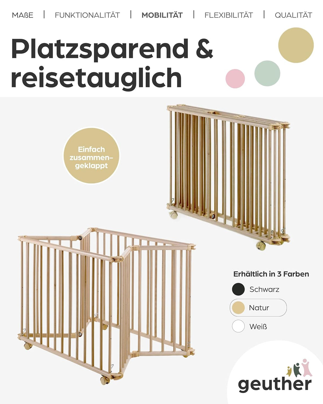Geuther 2261 Laufgitter Lucilee Passung: 76 cm x 97 cm 3-fach werkzeuglos höhenverstellbar gepolster
