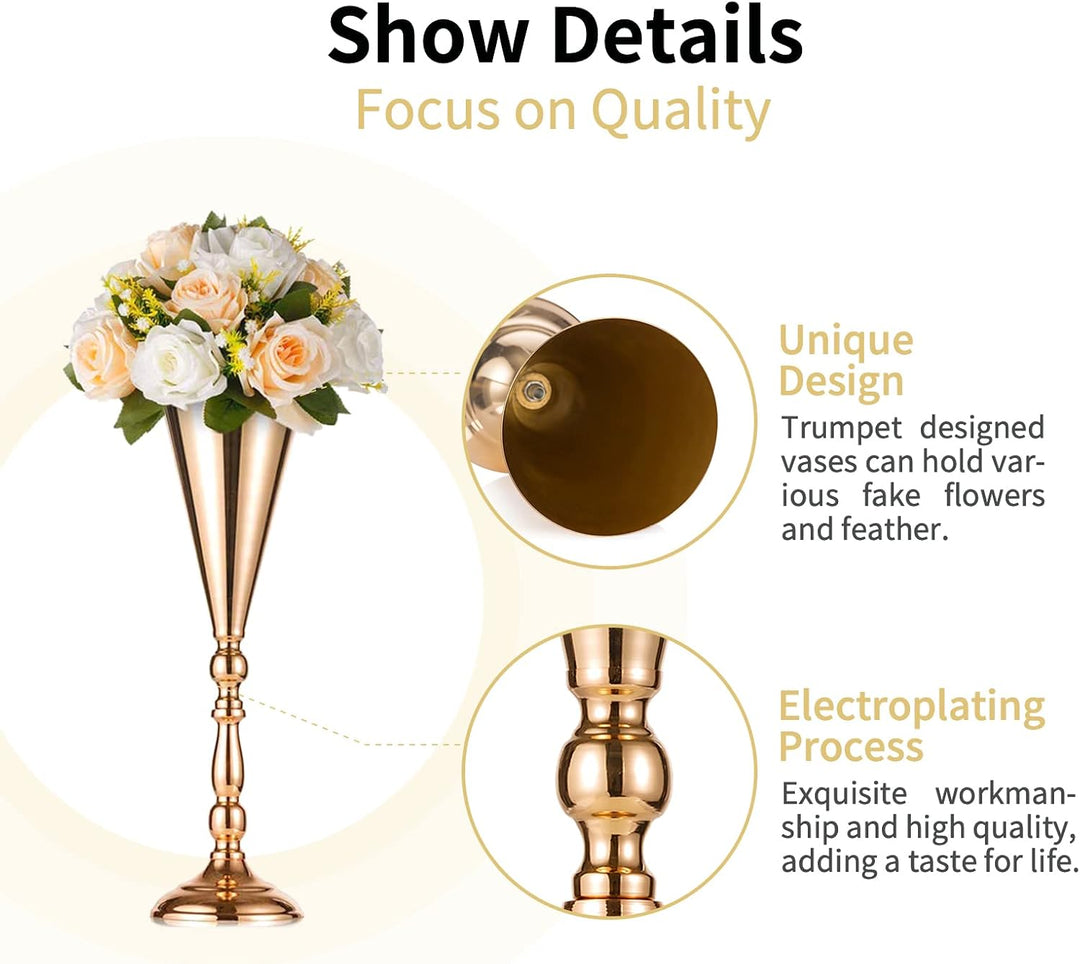 NUPTIO Gold Vase für Hochzeit Tischdeko: 2 Stück 42cm Hohe Blume Trompete Vasen Metall Tische Mittel