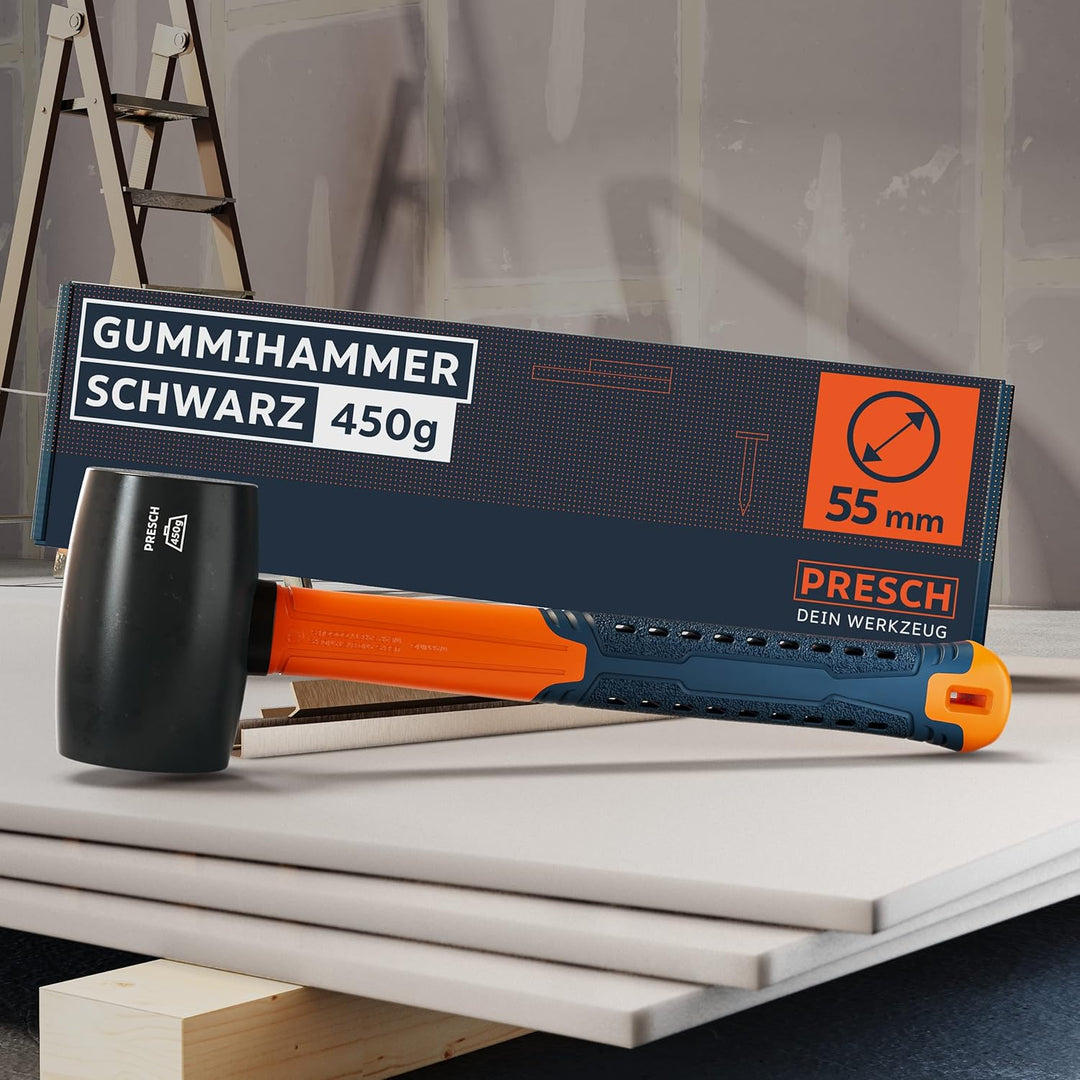 Presch Gummihammer Schwarz 450g - Hartgummihammer mit Fiberglasstiel | ⌀=55mm - Schwarzer Naturkauts