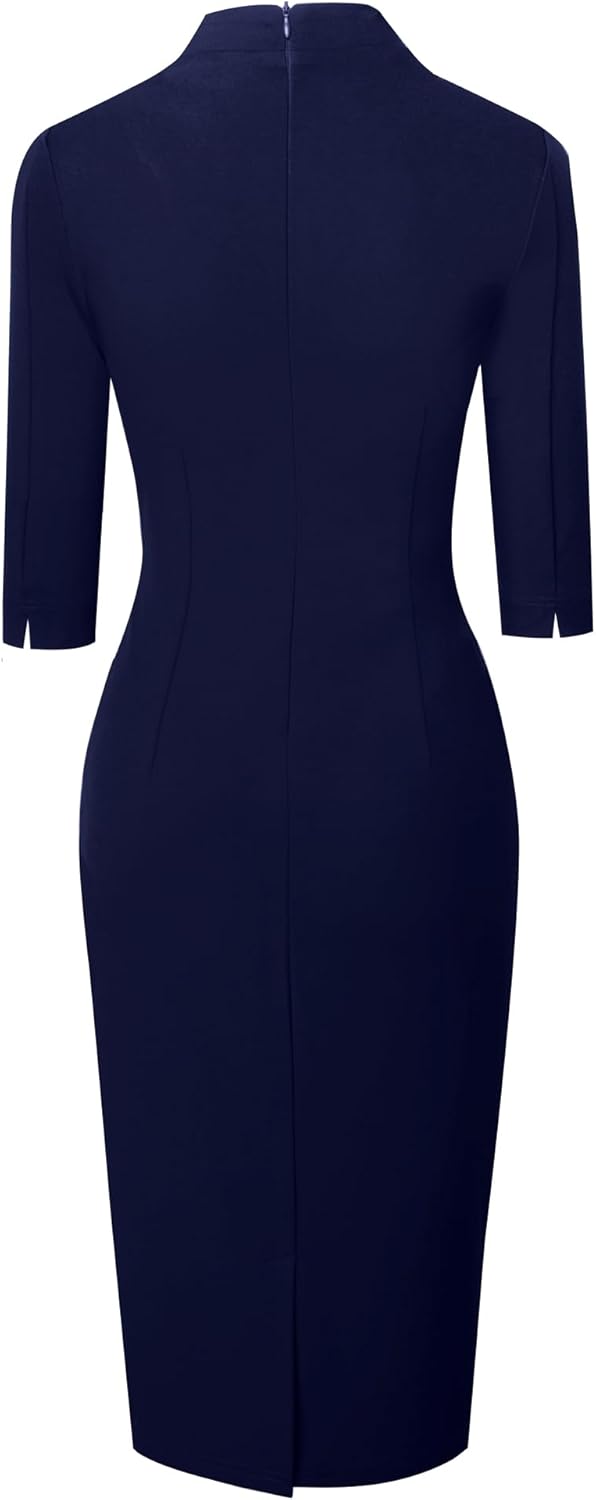HOMEYEE Damen Elegant V-Ausschnitt 3/4 Ärmel Cocktail Retro Bodycon Bleistiftkleid Business Midi Etu