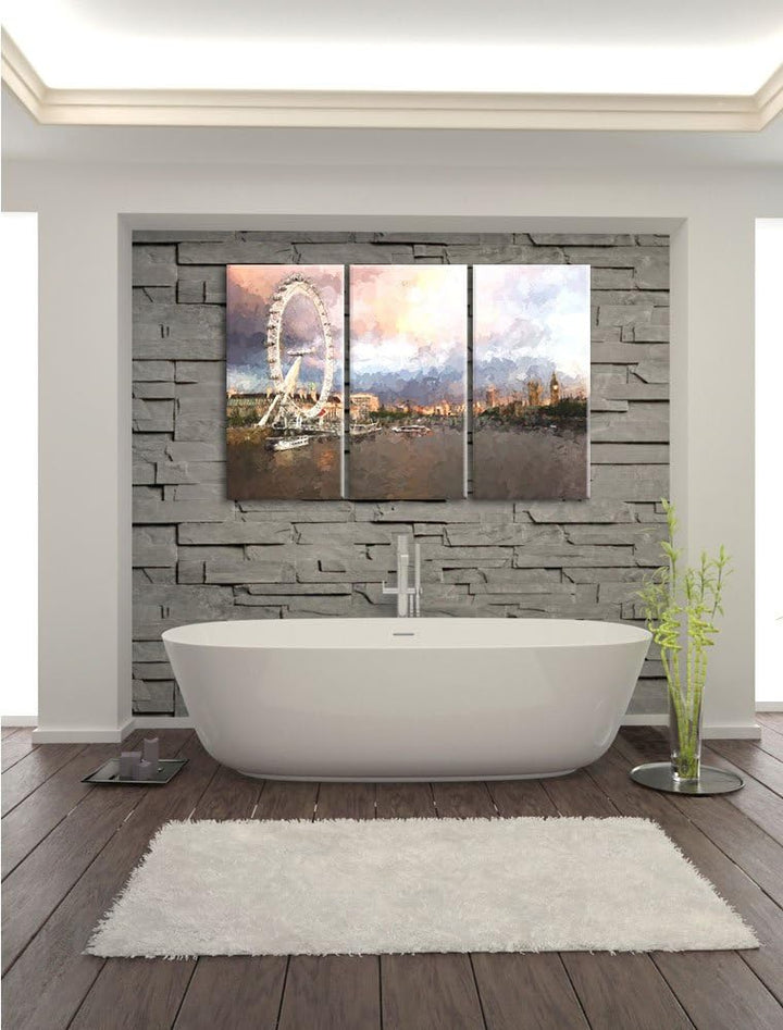 Pixxprint Riesenrad, London Eye Malerei Effekt 3-Teiler Leinwandbild 120x80 Bild auf Leinwand