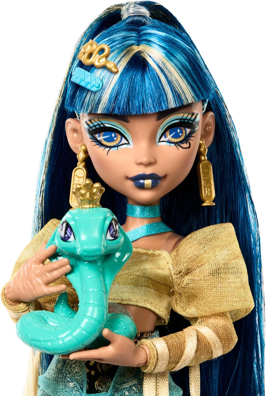 Monster High Cleo De Nile Puppe in Goldener Bluse und mehrlagigem Rock, enthält Haustier-Kobra Hisse