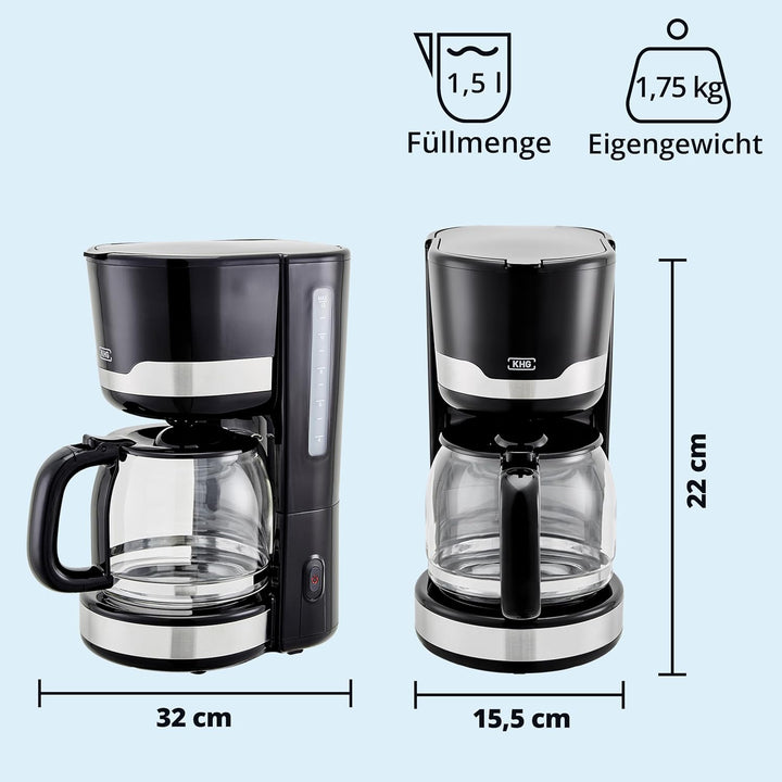 KHG Kaffeeautomat KA-129 SE2 aus Edelstahl/Kunststoff in schwarz, Kapazität für 12 Tassen, mit Glask
