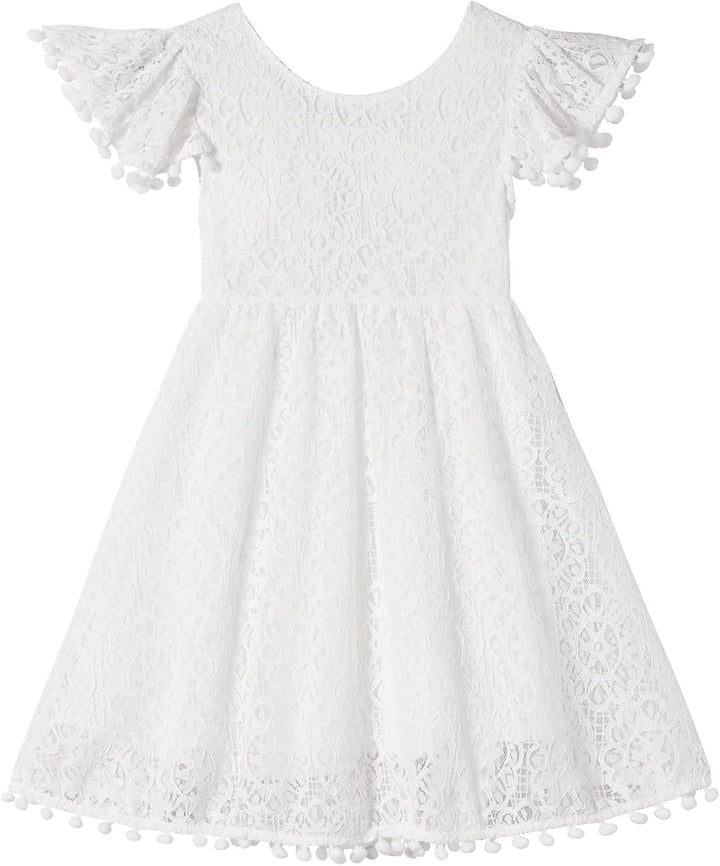 Mädchen Elegante Prinzessin Spitzenkleid Kleinkind Vintage Pom Pom Flatterärmel Party Kleider 2 Jahr