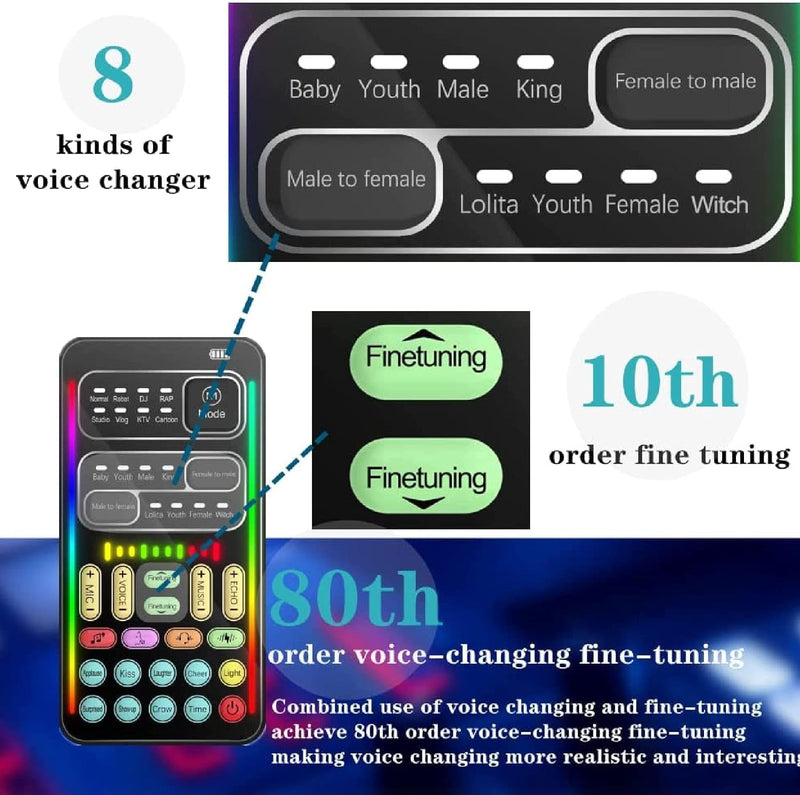 Tragbarer Sprachwechsler, Tragbarer Bluetooth-Sprachverzerrer mit 8 Soundeffekten, LED-Leuchten, Spr