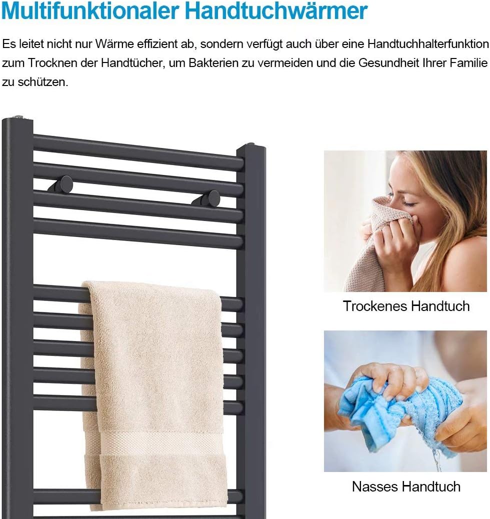 Heilmetz® Handtuchtrockner 40 x 100 cm Badheizkörper Mittelanschluss Heizkörper Bad Handtuchwärmer H