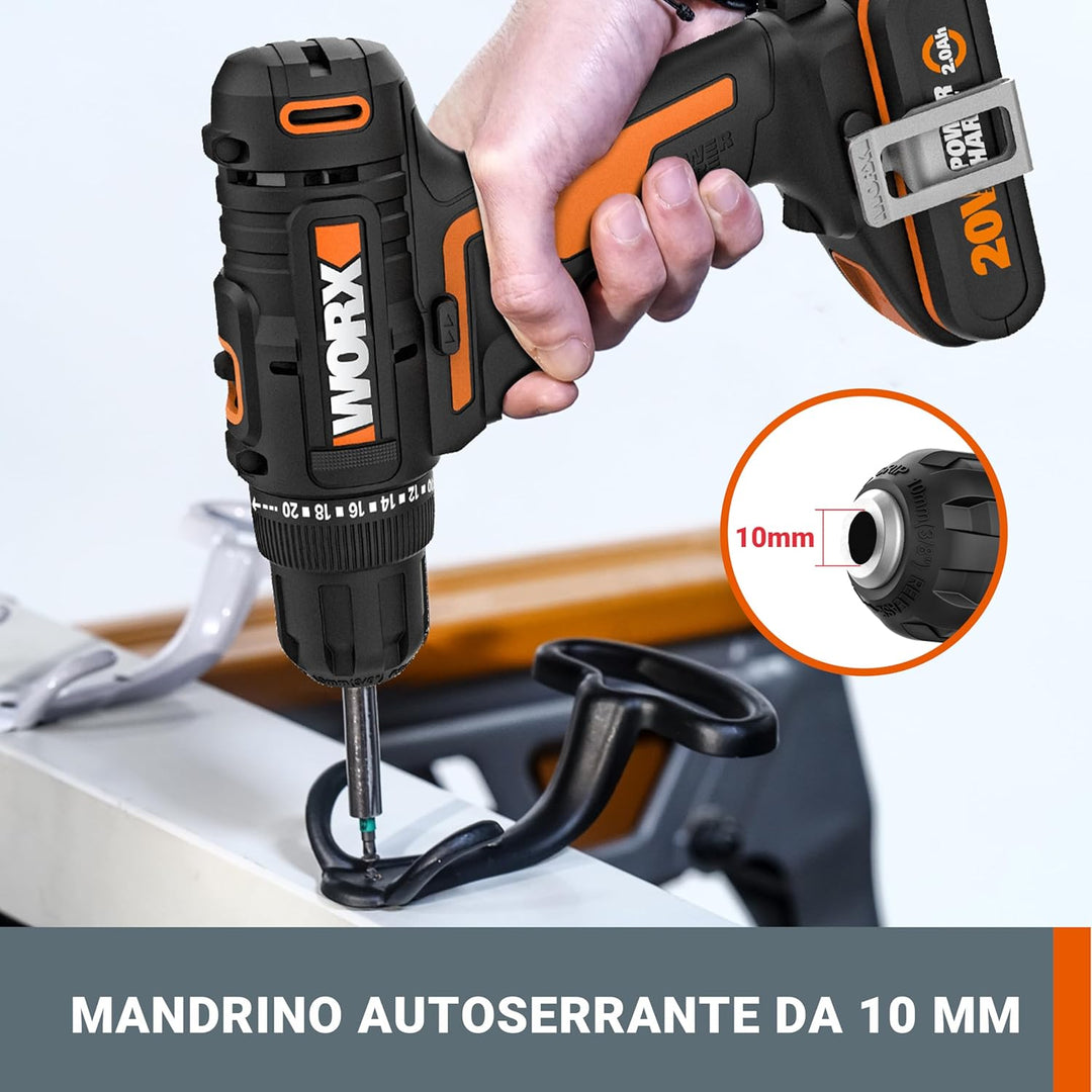 WORX WX100.9 Akku Bohrschrauber 20V – Leistungsstarker Akkuschrauber zum Bohren und Schrauben – 20+1