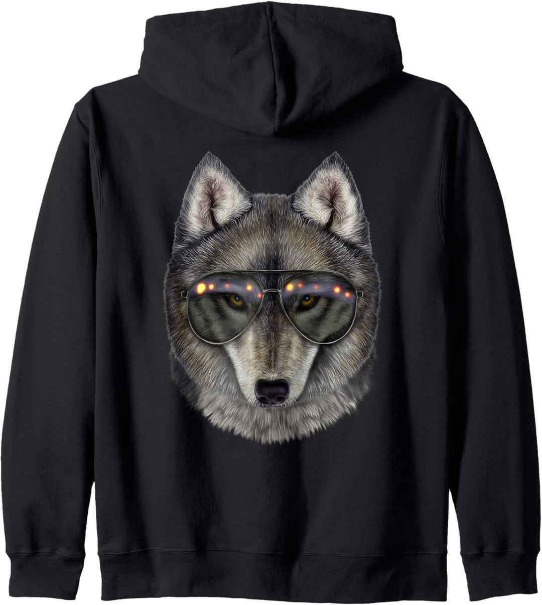 Grauer Wolf, die Fliegersonnenbrille trägt Kapuzenjacke