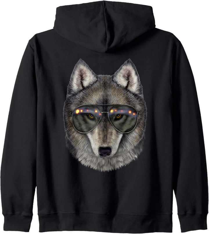 Grauer Wolf, die Fliegersonnenbrille trägt Kapuzenjacke
