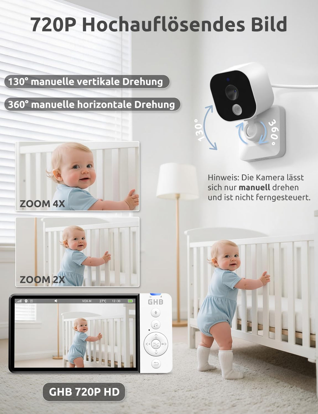 GHB Babyphone mit Kamera 5 Zoll HD 5000mAh IPS-Display 720P VOX-Modus 4X Zoom Nachtsicht Temperatura