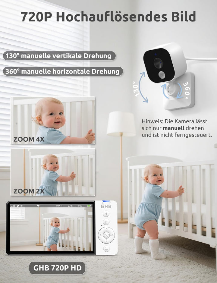 GHB Babyphone mit Kamera 5 Zoll HD 5000mAh IPS-Display 720P VOX-Modus 4X Zoom Nachtsicht Temperatura