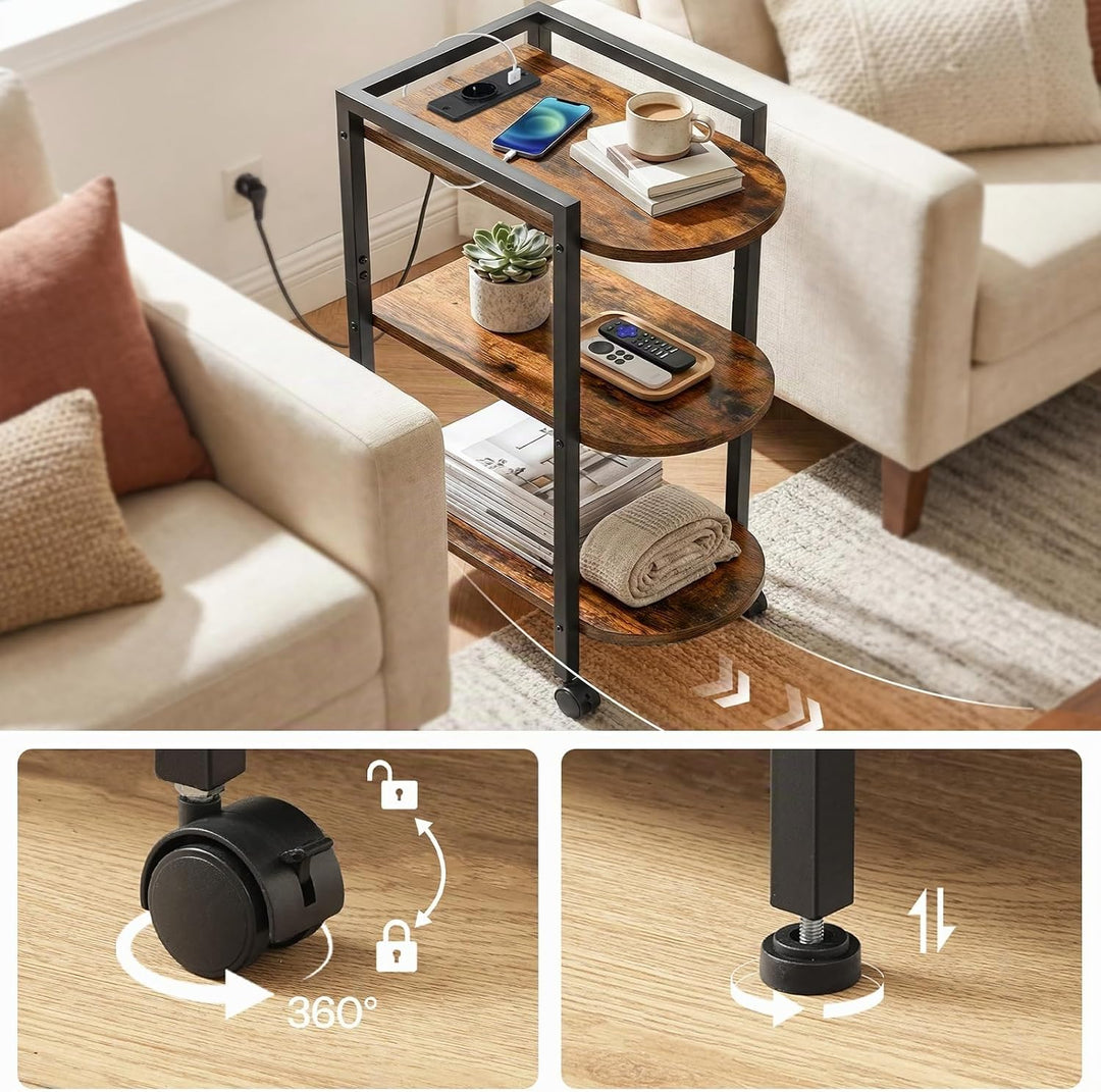 HOOBRO Schmaler Beistelltisch mit Ladestation, Sofatisch, 3-stufiger Couchtisch, Nachttisch mit Roll