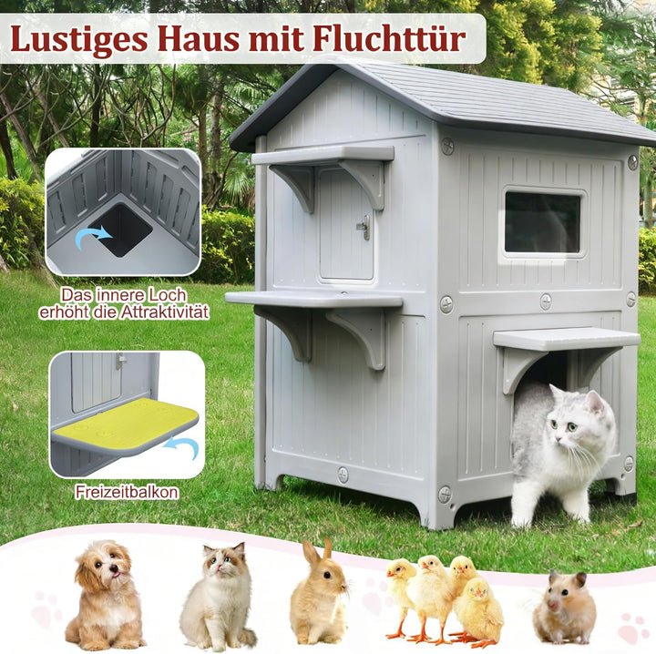 Katzenhaus Outdoor, 2 Geschichte Outdoor-Häuser für Katzen Kunststoff ausserhalb Katze Unterschlupf