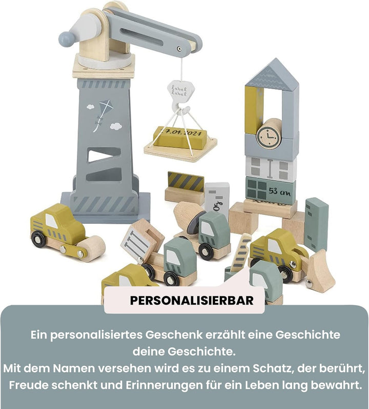 Personalisierbares Holz-Baustellen-Set – Fahrzeuge & Zubehör für Rollenspiele – für Kinder ab 3 Jahr