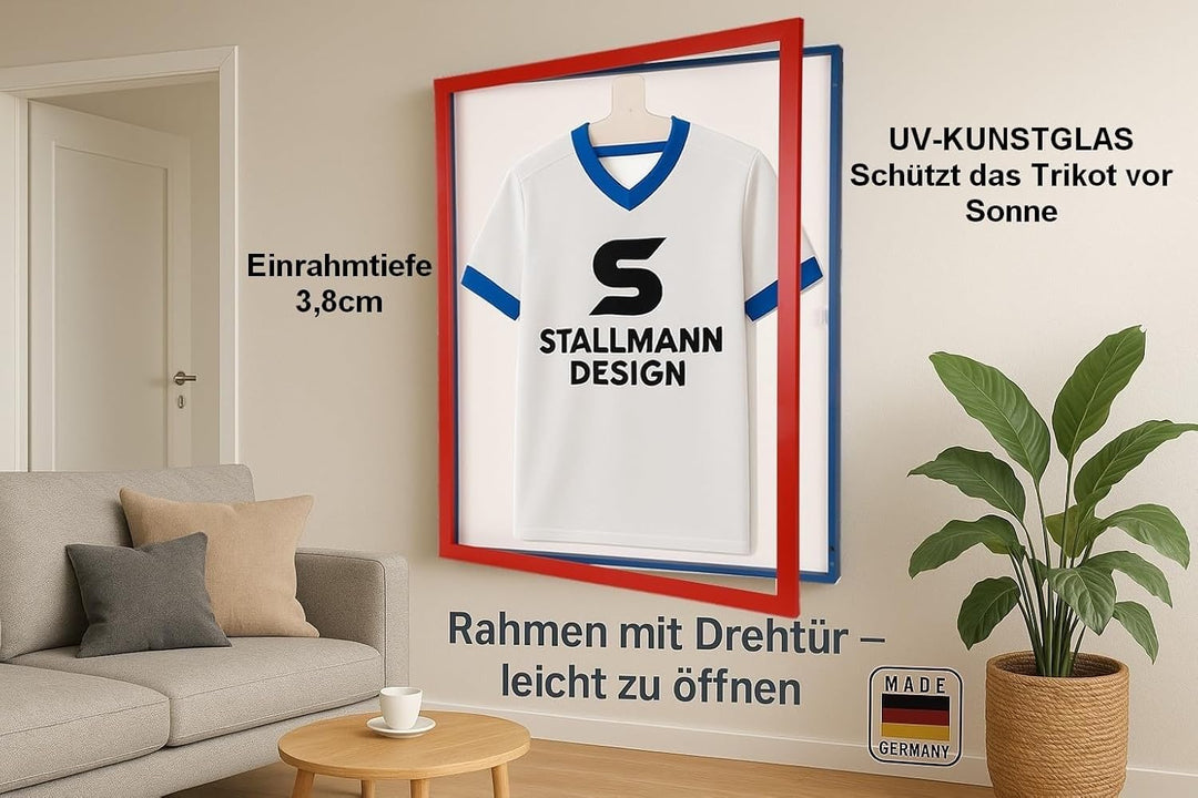 Trikotrahmen mit Drehtür – 'Rot-Blau' - Rückwand Weiss | Grösse: 90x70cm - von vorne bestückbar - st