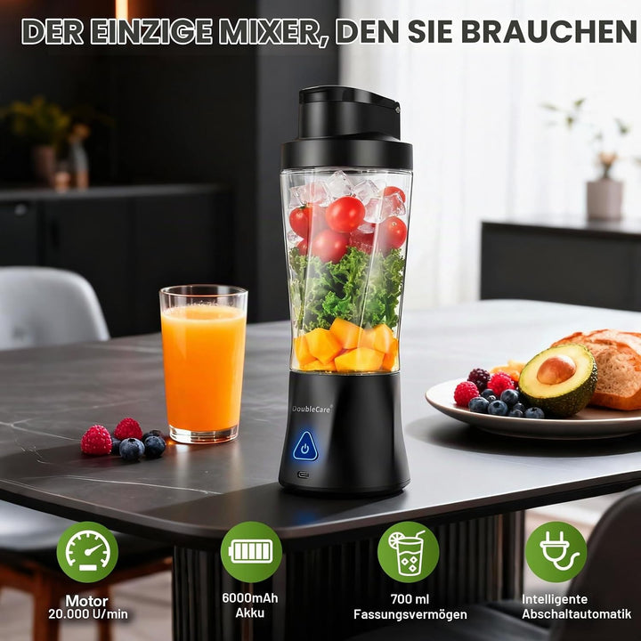 Mixer Smoothie Maker 700ml, Wiederaufladbarer, 6000 mAh Portable Blender, 3D 6 Klingendesign und IP6