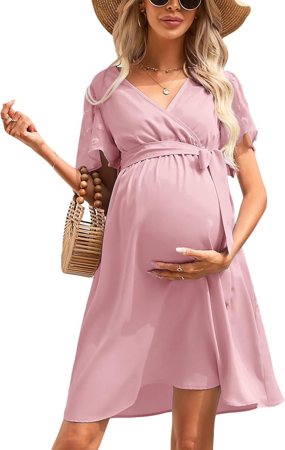 KOJOOIN Damen Umstandskleid Tüll Kurzarm Stillkleid Swiss Dot V-Ausschnitt Schwangere Kleider Mutter