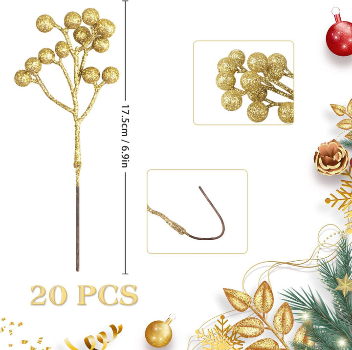 Fangoo 20 Pack 18cm Künstliche Goldene Beeren für Weihnachtsbaum Deko Stechpalmenbeeren Zweige Dekor