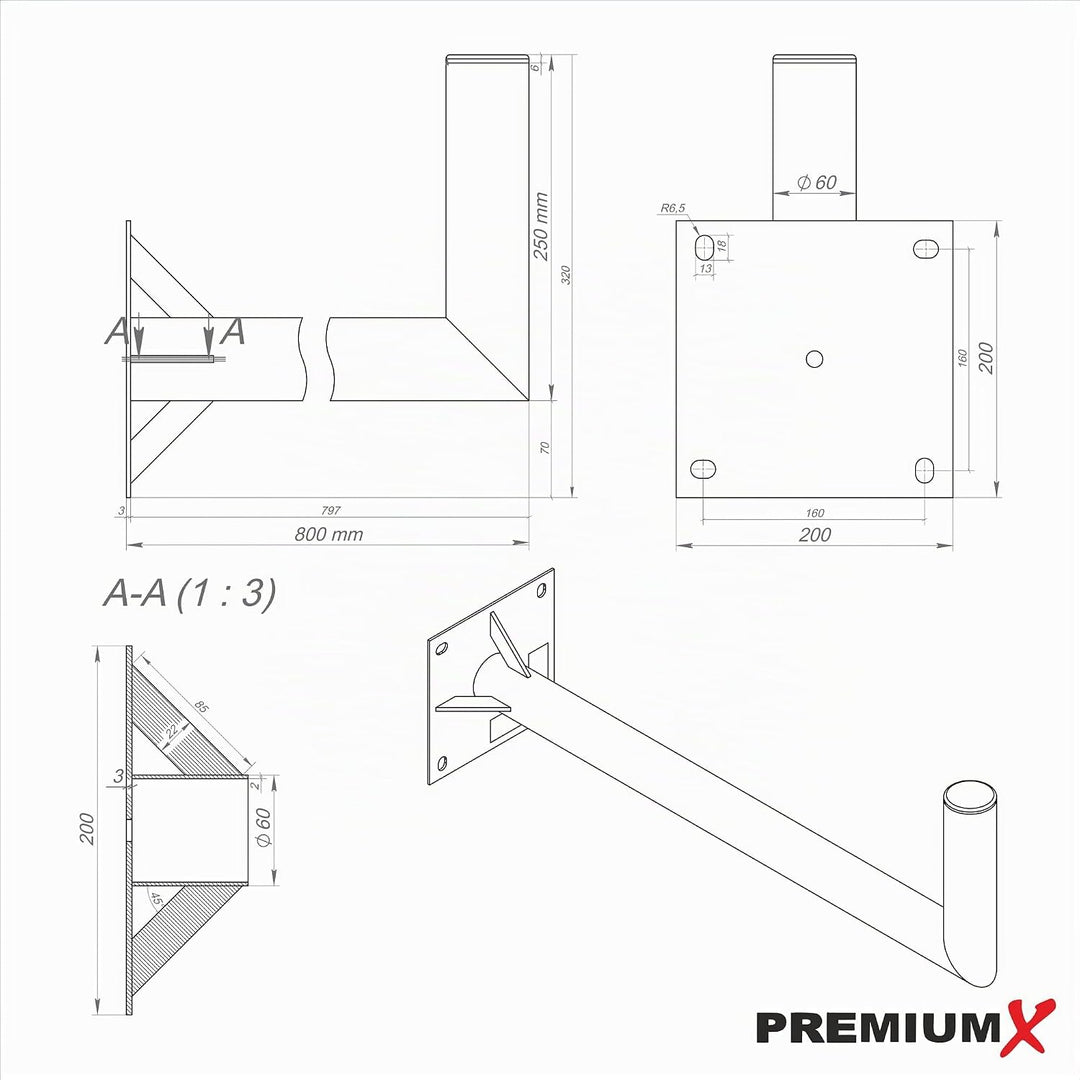 Premium X 80cm Wandhalter Ø 60mm Stahl SAT Antenne Wand Montage Halter mit Verstrebung inkl. Fischer