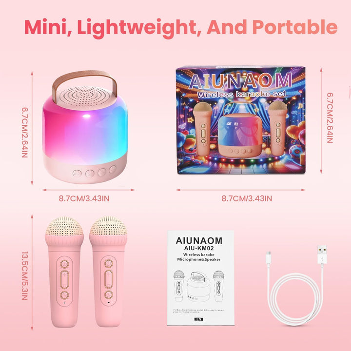 Karaoke Maschine mit 2 Drahtlosen Mikrofonen für Kinder, Tragbarer Bluetooth-Lautsprecher mit LED un