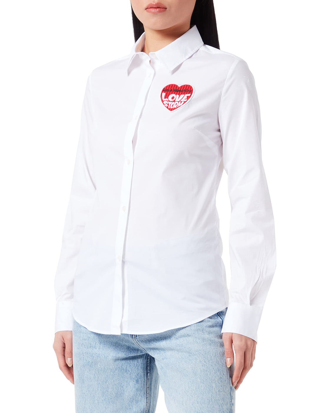 Love Moschino Damen Slim Fit Long-Sleeved with Embroidered Love Storm Knit Effect Heart Shirt 44 Whi