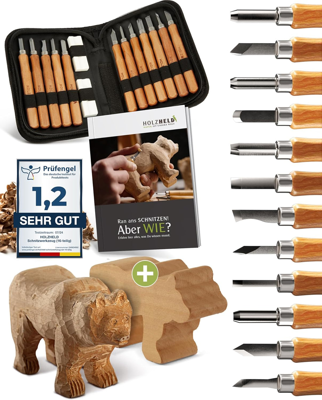 HOLZHELD Schnitzset und Schnitzrohling (14-teilig) mit Anleitung für 1 Schnitzprojekt & Holzrohling