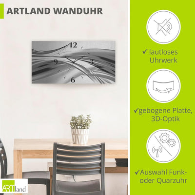 ARTLAND Wanduhr ohne Tickgeräusche Alu Quarzuhr 60x30 cm Eckig Lautlos 3D Design Welle Abstrakt Mode