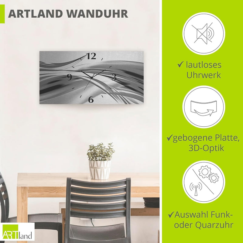 ARTLAND Wanduhr ohne Tickgeräusche Alu Funkuhr 60x30 cm Eckig Lautlos 3D Design Welle Abstrakt Moder