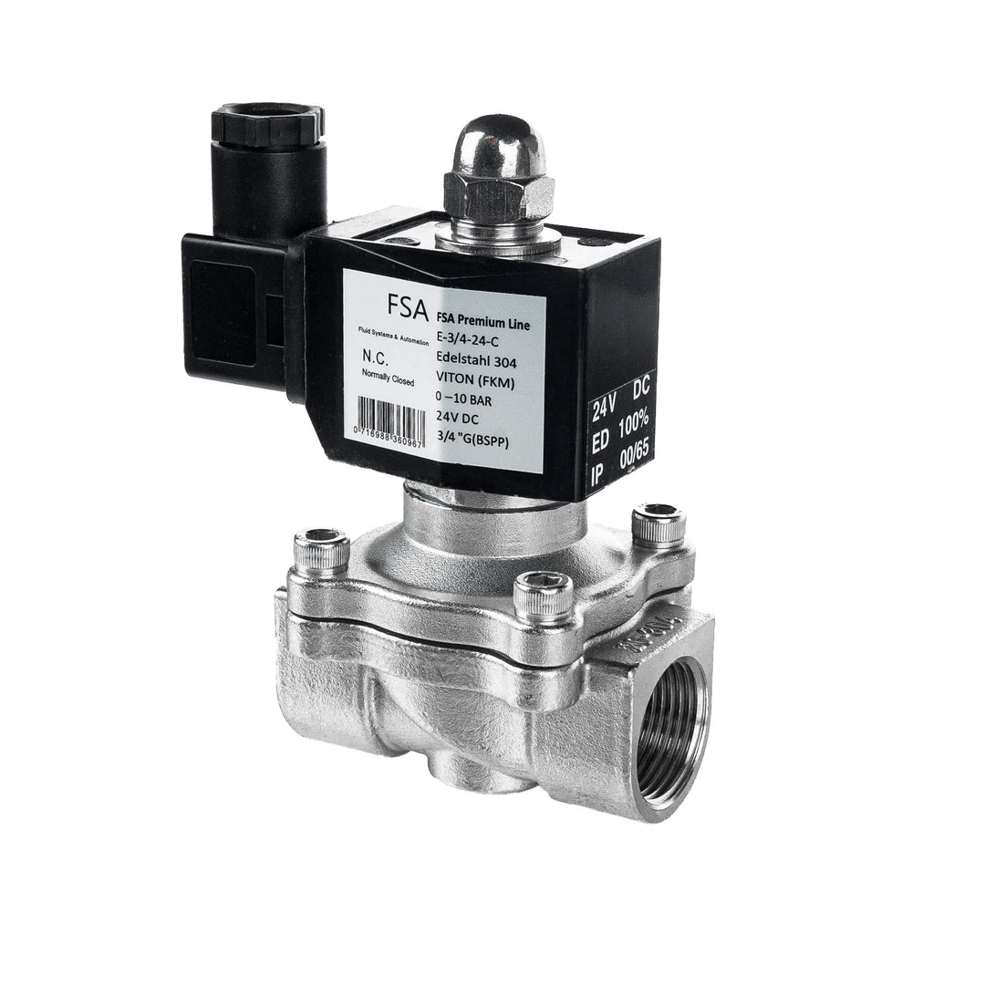 FSA Magnetventil Edelstahl 304 3/4" 24V DC 0-10 bar Viton stromlos geschlossen, 3/4" 24v DC
