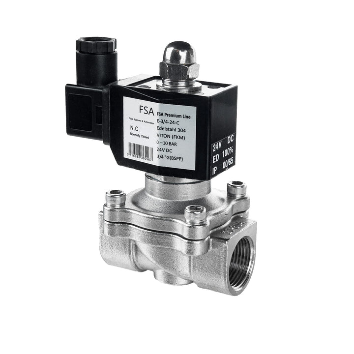 FSA Magnetventil Edelstahl 304 3/4" 24V DC 0-10 bar Viton stromlos geschlossen, 3/4" 24v DC