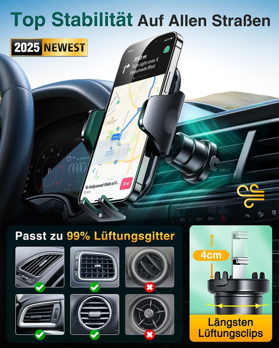 VANMASS Handyhalterung Auto [2025 Upgrade Bombenfest Lüftungshaken] Halterung Lüftung Clip Kfz Handy