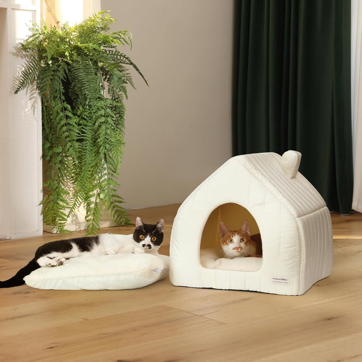 FUKUMARU Katzenbett grosse Katzen Katzenhöhle-43x43x45cm,Katzenhaus Indoor Mit abnehmbarem Katzenkis
