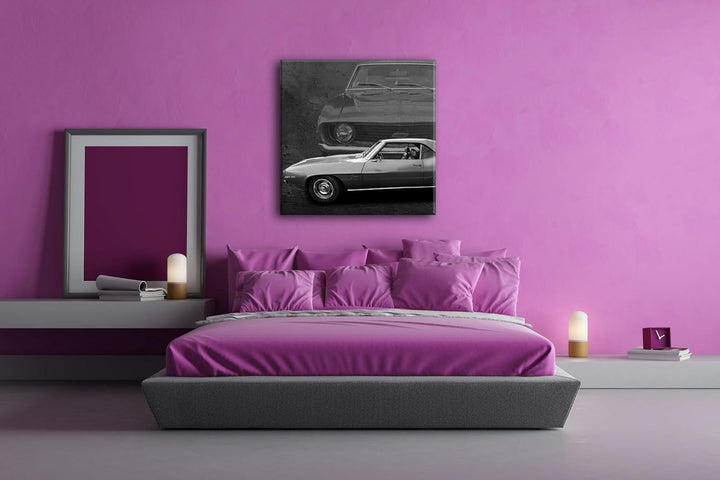 deyoli grüner Ford Chevy Format: 70x70 Effekt: Schwarz&Weiss als Leinwandbild, Motiv auf Echtholzrah