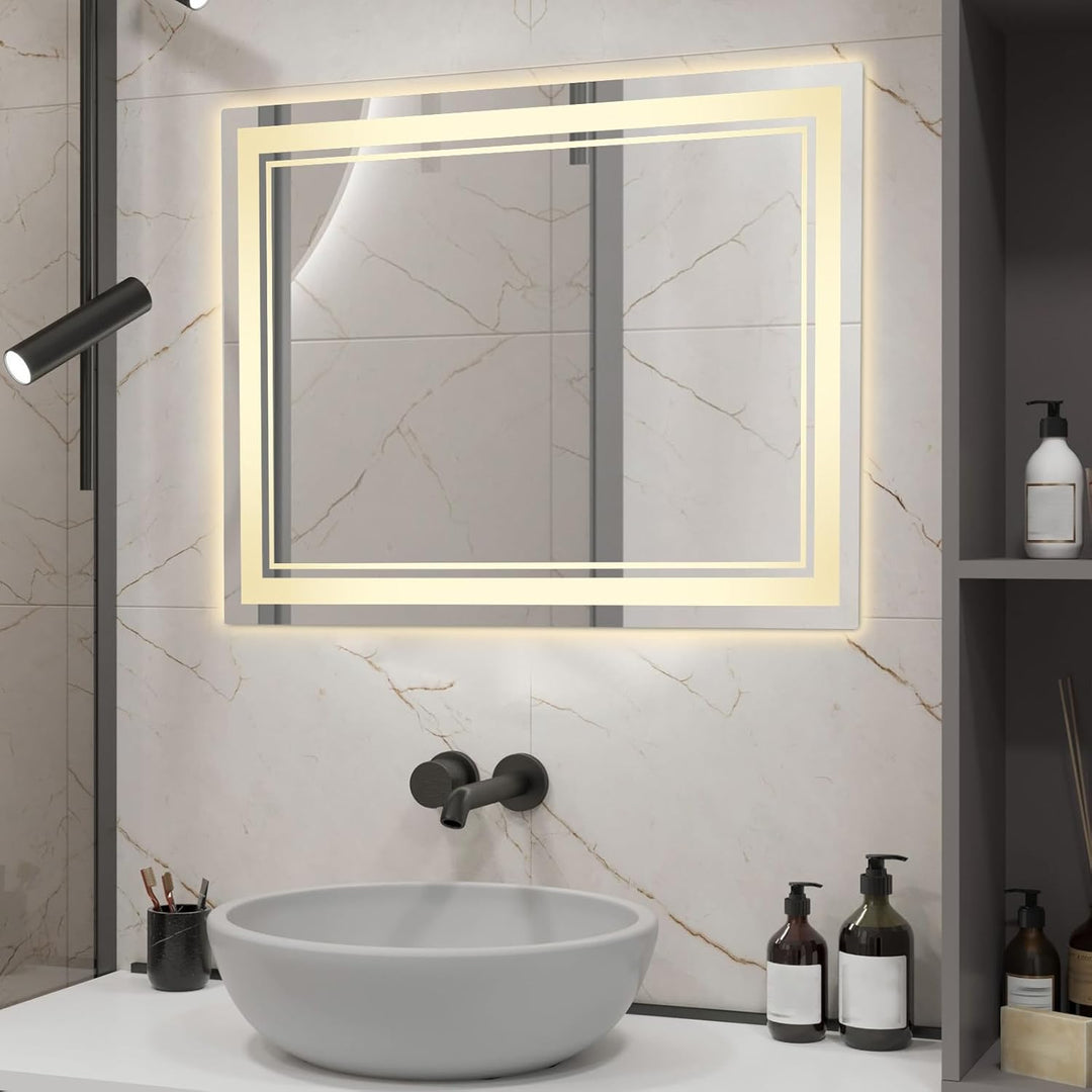 Badezimmerspiegel mit Beleuchtung, rechteckiger Wandspiegel, 70 x 50 cm, 10-100 % stufenlos verstell