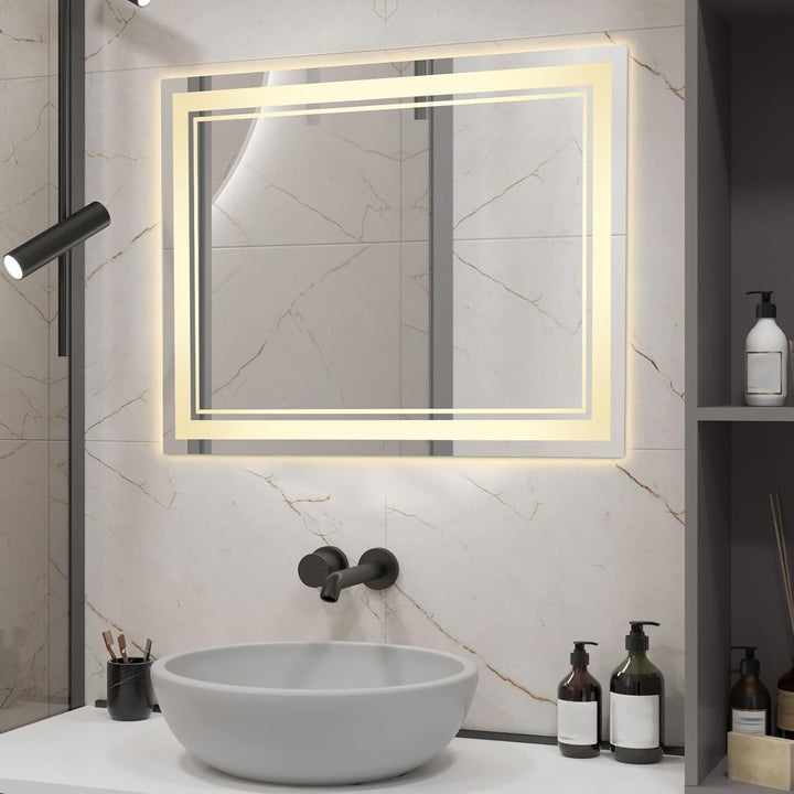Badezimmerspiegel mit Beleuchtung, rechteckiger Wandspiegel, 70 x 50 cm, 10-100 % stufenlos verstell