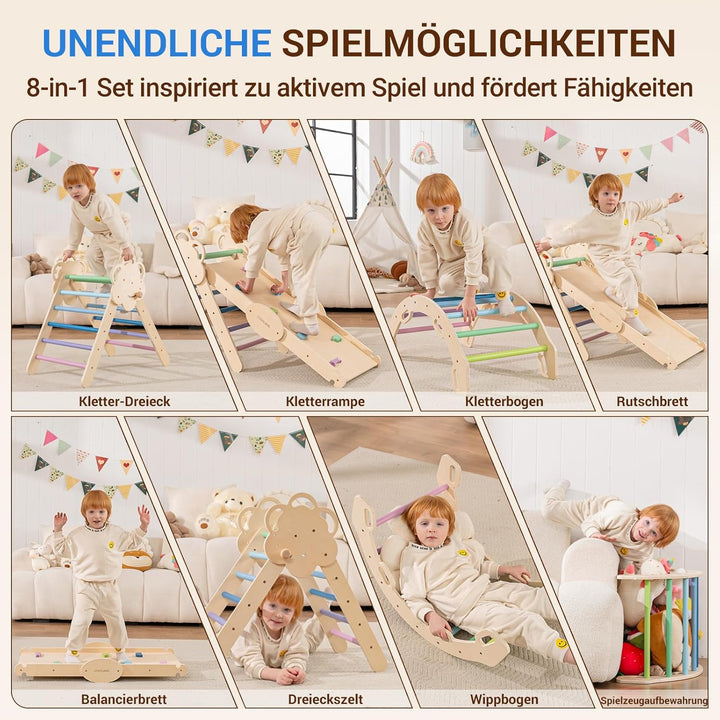 COSYLAND Klettergerüst Indoor L – Grosses Kletterdreieck Set mit Kletterbogen & Rutsche – 8-in-1 Mas