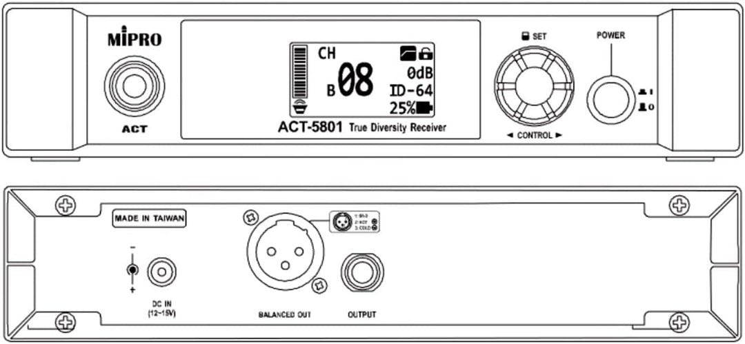 Mipro ACT-5801 Digitaler Drahtloser 1-Kanalempfänger 5,8 GHz + MT-58 Anstecksender für Instrumente